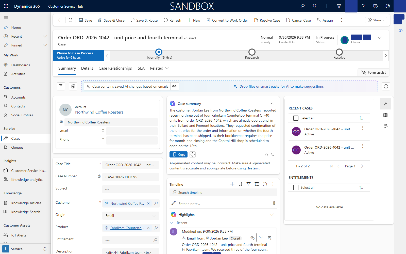 The native case: the rule's raw subject as the title, the Case Management Agent's predicted Product, and the Copilot case summary on the form. Captured 1 October 2026.